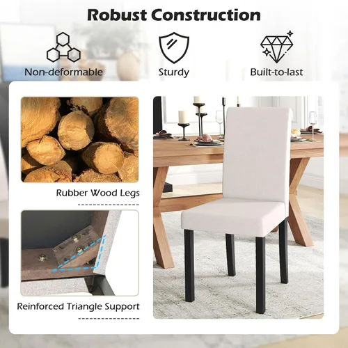 Miniatura 5 de COSTWAY Juego de 2 sillas de comedor sin brazos de tela, sillas laterales tapizadas de cocina con patas de madera de goma, asiento acolchado y Beige