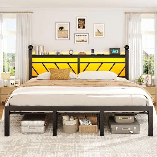 Miniatura 32 de Homkdom Marco de cama de plataforma de metal tamaño Queen de 14 pulgadas con cabecero, marco de cama victoriano Queen con almacenamiento debajo