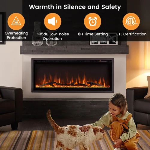 Miniatura 7 de Tangkula Chimenea eléctrica de 42 pulgadas empotrada en la pared, montada en la pared e independiente, calentador lineal de chimenea de 750 W/1500 W