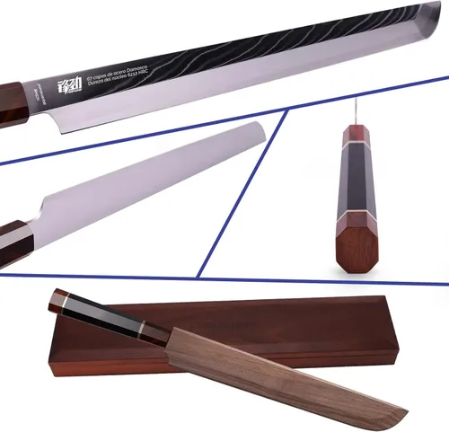 Miniatura 2 de FINDKING Cuchillo Sakimaru de la Serie Prestige con Funda de Nogal, Hoja de Acero Damasco Japonés SKD11, Mango Octagonal de Madera de Ébano