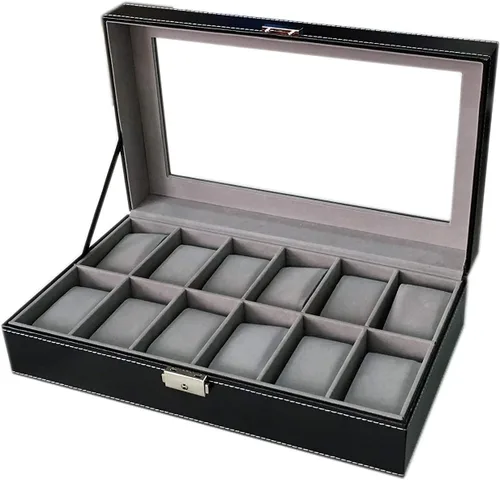 Caja grande para 12 relojes Sodynee, caja organizadora para joyas con tapa de vidrio, de piel negra PU para hombres, Vidrio, Negro/Gris, NULL
