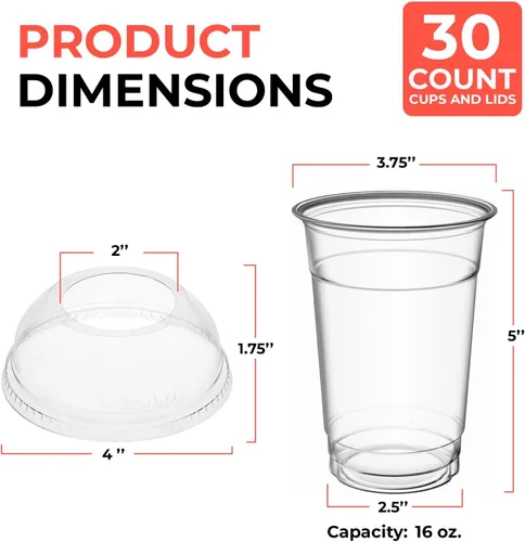 Miniatura 7 de Vasos de plástico transparente de 16 onzas con tapas anchas de cúpula – Paquete de 30 Vasos desechables para bebidas frías para batidos, café
