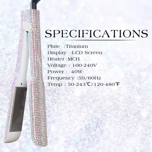 Miniatura 6 de DORISILK Crystal Diamond - Plancha de pelo de titanio, plancha plana de diamantes de imitación de 2 pulgadas, plancha alisadora de doble voltaje