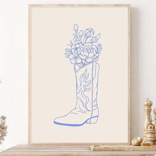 Arte minimalista de pared occidental con diseño de vaquera costera azul, diseño de botas de vaquero, impresiones de vaquera, impresión vintage funky