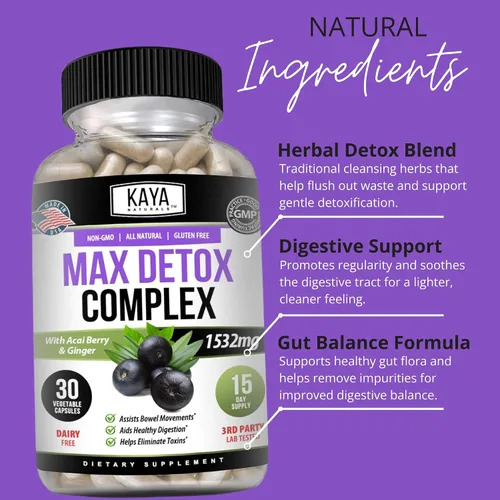 Miniatura 5 de Kaya Naturals Max Detox - Suplemento de hierbas - Ingredientes naturales 1532 mg - Polvo de psyllium, extracto de bayas de acai, raíz de jengibre 30