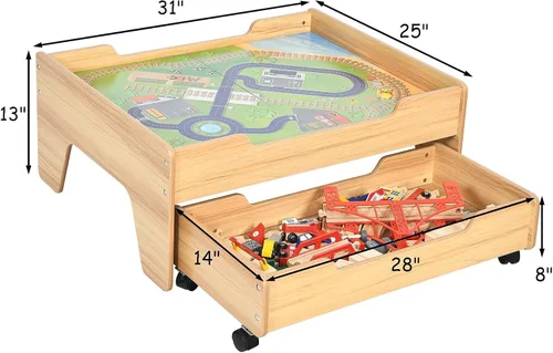 Miniatura 7 de OLAKIDS Mesa de tren, 100 piezas de madera para niños, juego de mesa de actividades con cajón de almacenamiento, pistas de ferrocarril multicolor