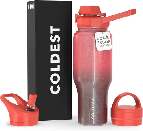 Miniatura 11 de Coldest Botella de agua deportiva – Tapas 3 en 1 (Chug, popote, asa) – Vaso térmico de acero inoxidable con asa – Taza de agua al vacío, regalos