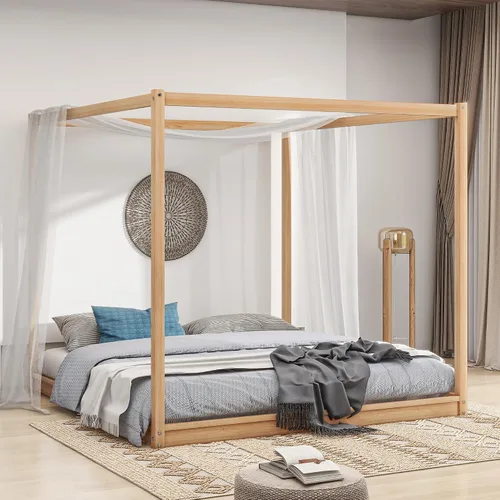 Miniatura 4 de Harper & Bright Designs Cama King con dosel de madera con 4 paneles de póster, marco de cama de suelo, cama de plataforma tamaño King para niños
