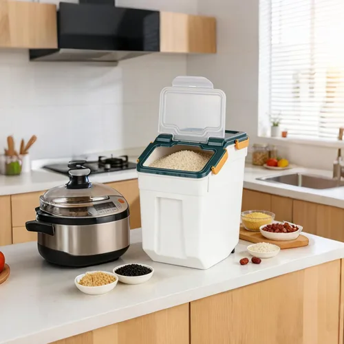Miniatura 7 de AnRui Contenedor hermético de almacenamiento de harina de 25 libras, cubo de almacenamiento de granos de plástico, dispensador de cereales de arroz