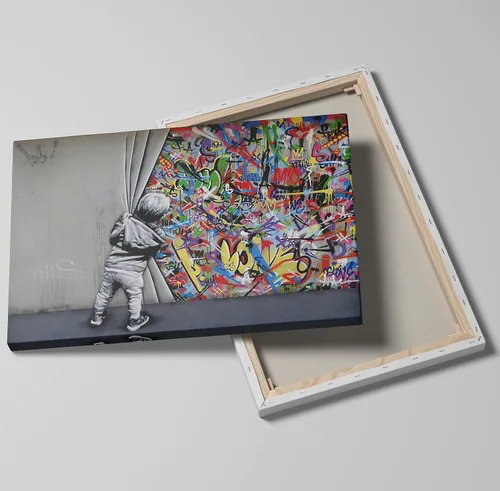 Miniatura 3 de MGSBCXN Arte de Pared en Lienzo Colorido Graffiti Banksy Póster Impresiones Un Niño Detrás de la Cortina Imagen Obra de Arte Abstracto Arte