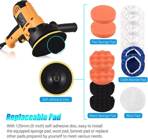 Miniatura 4 de Pulidora de búfer, cera de tampón Geevorks de 5 pulgadas, pulidora de coche de velocidad variable 600-3700 RPM con mango desmontable, 6 almohadillas
