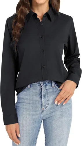 Camisas de vestir para mujer, de manga larga, con botones, formales, sin arrugas, lisas, para trabajo, negocios, oficina, tops básicos