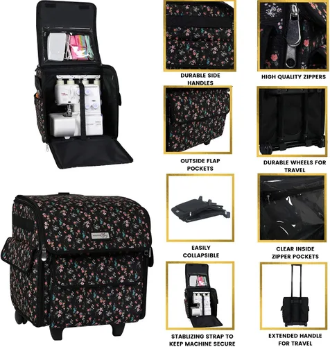Miniatura 5 de Everything Mary Bolsa para máquina de serger rodante, funda de transporte floral negra para máquinas Overlock, compatible con Brother, Singer