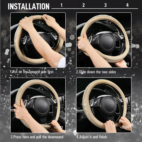 Miniatura 6 de CAR PASS Funda para volante de cuero beige con diamantes brillantes, cristales blancos brillantes con purpurina y pedrería, ajuste universal de 14
