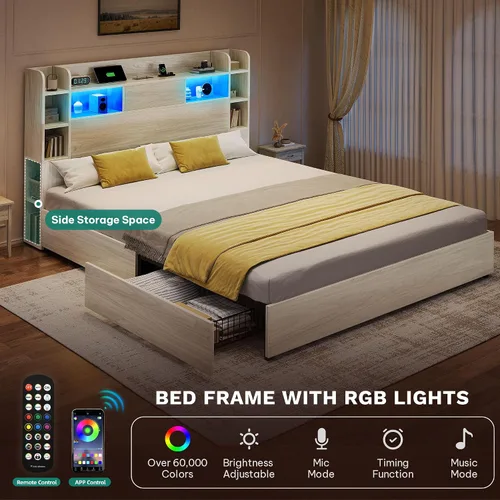 Miniatura 6 de DWVO King Size Bed Frame with Tall Bookcase Headboard and 4 Storage Drawers, RGB LED Bed Frame with Type-C & USB Charging Station Storage Headboard