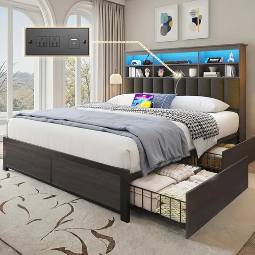 Miniatura 9 de Lifezone Bastidor de cama Queen con cabecera, base de cama Queen con estante de almacenamiento alto con cabecera, 4 cajones de almacenamiento y gris