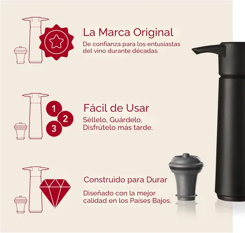 Miniatura 4 de Vacu Vin bomba de vacío para conservar vino de color negro, con 2 tapones para botellas, Negro