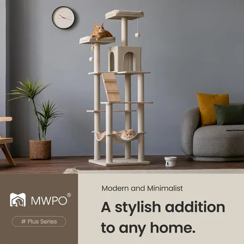 Miniatura 2 de MWPO Árbol grande y moderno para gatos, torre de madera de 70.1 pulgadas para gatos de interior, condominio alto para gatos de varios niveles con 2