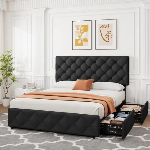 Miniatura 6 de IDEALHOUSE Base de cama de tamaño matrimonial con 4 cajones de almacenamiento y cabecera ajustable, camas de plataforma tapizadas con tapizado