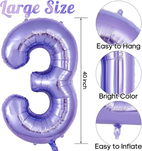Miniatura 3 de Globo morado del número 3 de 40 pulgadas, globos grandes de aluminio con número de helio, globos gigantes de Mylar número 3 para cumpleaños de 3