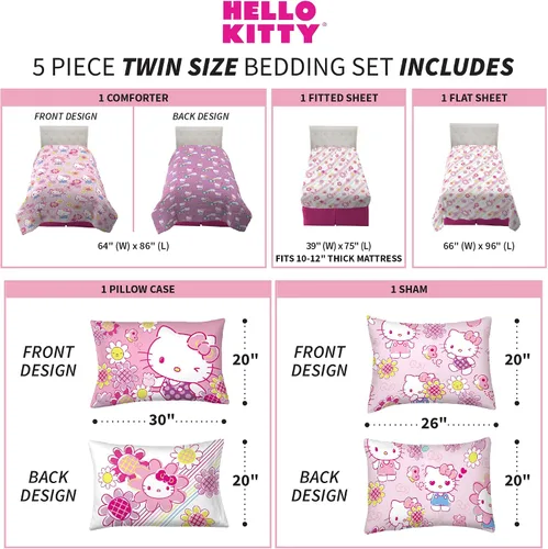 Miniatura 4 de Franco - Juego de edredón y sábanas supersuaves con funda para niños, 5 piezas, tamaño individual, Hello Kitty Hello Kitty - Jardín del arco iris
