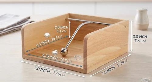 Miniatura 5 de Servilletero de papel de cóctel, soporte plano, servilleta decorativa para bebidas con barra central de metal sofisticada, madera maciza con grano