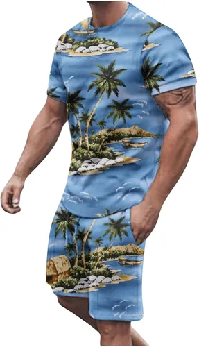 Conjunto deportivo para hombre, conjunto de 2 piezas, camiseta hawaiana de manga corta y pantalones cortos, traje deportivo casual para la playa