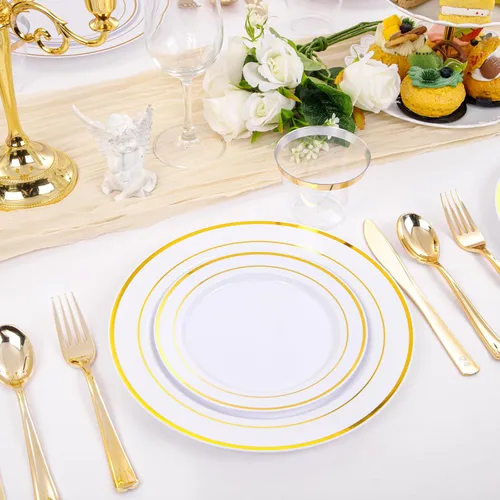 Miniatura 8 de bUCLA 600 platos de plástico blanco y dorado, juego de vajilla desechable dorada para 100 invitados, incluye 100 platos de cena y 100 platos