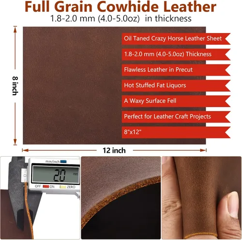 Miniatura 2 de Hojas de Cuero Genuino para Herramientas de 1.8-2.0MM de Grosor Cuero Genuino de Grano Completo Superior Bronceado al Aceite Crazy Horse Hojas