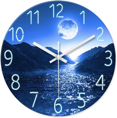 Miniatura 13 de XFM Reloj de pared azul con pilas, 12 pulgadas, silencioso, sin tictac, de cristal, luna, océano, ondas, relojes redondos para decoración de cocina