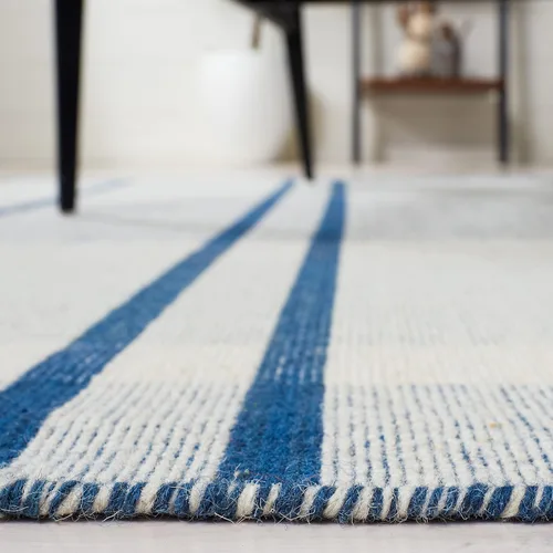 Miniatura 5 de SAFAVIEH Striped Kilim Collection STK707M - Alfombra de lana de tejido plano de 2 pies 3 pulgadas x 8 pies, color azul/beige