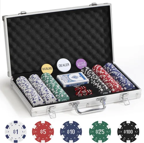 Miniatura 2 de Juego de 300 fichas de póquer numeradas para Texas Holdem, Blackjack, torneos con estuche de aluminio, 2 barajas de cartas, distribuidor, ciego Negro
