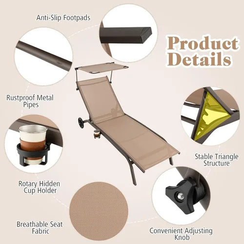 Miniatura 8 de Tangkula Tumbona para patio, reclinable al aire libre con ruedas, toldo ajustable y portavasos, respaldo de 6 niveles, tumbona reclinable de metal