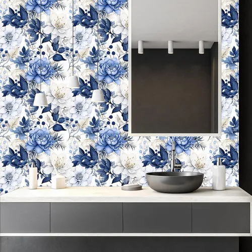 Miniatura 5 de Booming Peony - Papel tapiz floral de peonía para despegar y pegar - Papel tapiz autoadhesivo removible de hojas azul/blanco - Mural decorativo