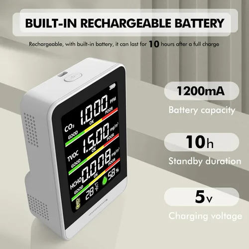 Miniatura 7 de Monitor de calidad del aire para interiores, probador inteligente de calidad del aire 8 en 1 con CO2, TVOC, HCHO, AQI, temperatura y humedad