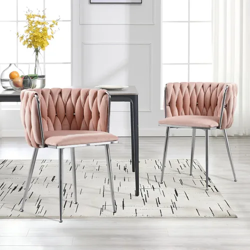 Miniatura 22 de Juego de 2 sillas de comedor de terciopelo, sillas de comedor tapizadas tejidas, sillones de ocio de lujo, sillas decorativas modernas con patas