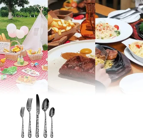 Miniatura 6 de Juego de cubiertos para 12 cubiertos, 60 piezas, diseño único de patrón de flores, utensilios de cocina de acero inoxidable, juego de cubiertos Oro