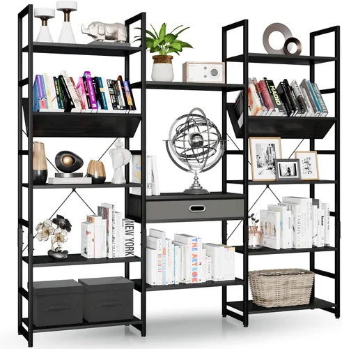 NUMENN Estantería Triple Ancha de 5 Niveles, Estantes de Libros Ajustables de Estilo Industrial Rústico, Librerías y Estanterías Modernas Muebles