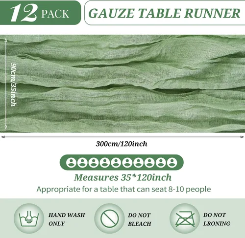 Miniatura 2 de Paquete de 12 caminos de mesa de estopilla 35 x 120 pulgadas de largo, bohemio, tela de queso, gasa, caminos de mesa semi transparentes para Verde