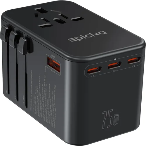 EPICKA GaN - Adaptador de viaje universal, adaptador de enchufe internacional de 75 W con 3 USB-C PD carga rápida y 2 adaptadores de carga rápida