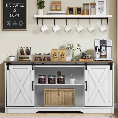 Miniatura 10 de 4ever2buy Armario de café con almacenamiento, gabinete de cocina de 59 pulgadas con puerta corrediza de granero, mesa de café con para sala