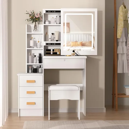 Miniatura 9 de Escritorio de tocador de maquillaje con espejo y luces, mesa de tocador con 4 cajones, 7 estantes y espacio extra oculto, tocador compacto