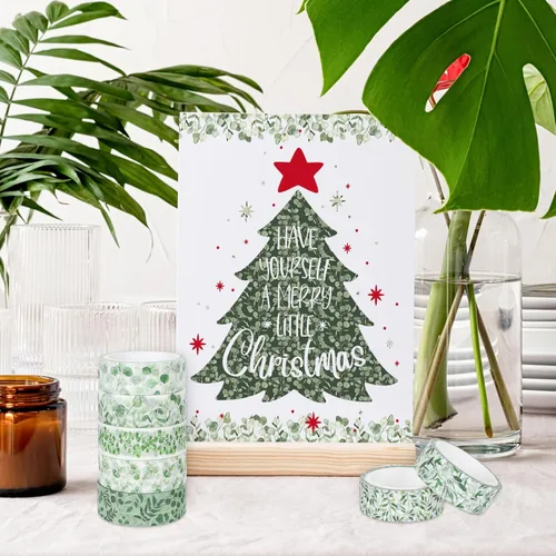 Miniatura 7 de Whaline 12 Rollos Cintas Washi de Vegetación Acuarela Plantas Eucalipto Cinta de Enmascarar 15mm Hojas Verdes Cinta Decorativa Adhesivos para Álbum