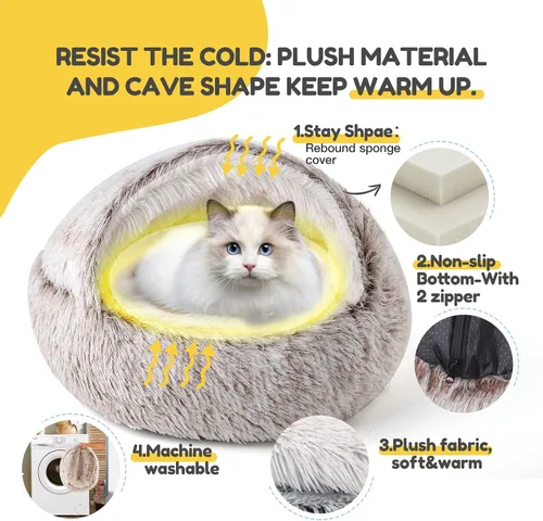 Miniatura 7 de CATISM Cama de felpa con capucha para gatos, nido relajante, cueva autocalentable, cómoda cápsula para gatos de interior o perros pequeños, cala