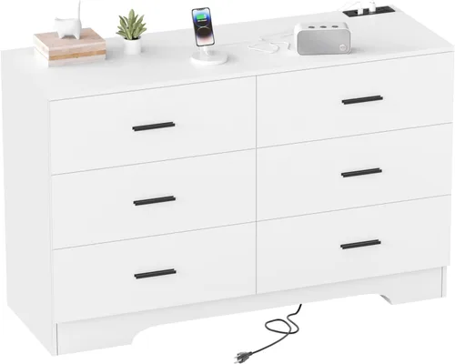 Miniatura 11 de GEPELCN Cómoda para dormitorio con tomas de corriente, cómoda de madera con 5 cajones con gran espacio de almacenamiento, cómoda negra con riel