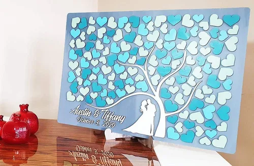 Miniatura 3 de Aşk Aynası Libro de invitados de boda 3D hecho a mano y pintado a mano, árbol de madera alternativo y corazones personalizados