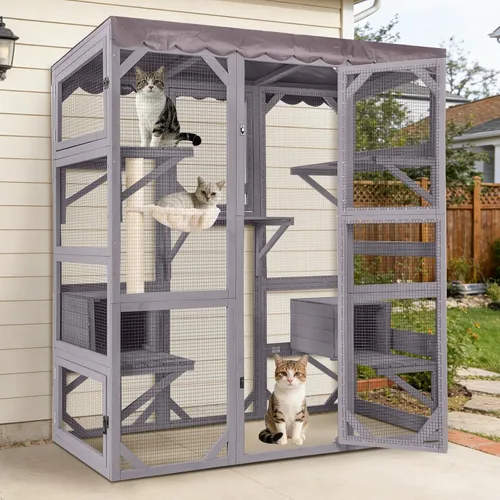 Miniatura 12 de Cat Catio - Recintos para gatos al aire libre, casa móvil para gatos con ruedas de ejercicio, jaula para gatos con caja de descanso mejorada, Gris