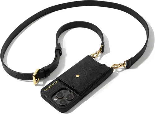 Bandolier Hailey - Funda tipo cartera cruzada para iPhone 16 Pro. 100% piel auténtica de guijarros con herrajes dorados. Correa ajustable y