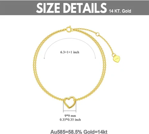 Miniatura 6 de SISGEM Pulsera de corazón de oro amarillo de 14 quilates para mujer, pulsera de corazón de doble cadena de oro real, regalo de aniversario