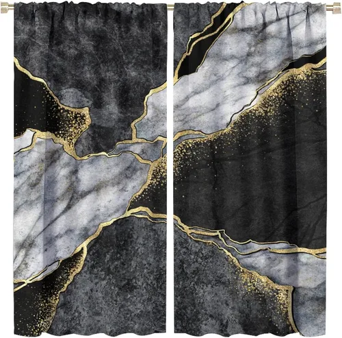 Miniatura 37 de Cortinas abstractas de mármol de lujo de lujo azul marino dorado a rayas con patrón de mármol estampado para dormitorio, sala de estar, cortinas
